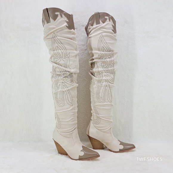 Iconic Western Thigh high Cowgirl Boots Cream - Picture 7 of 12